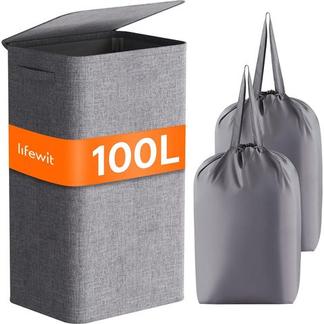 Panier à Linge avec Couvercle, Panier a Linge Pliable, Corbeille a Linge avec Sac Amovible, Panier Rangement, Bac a Linge Sale pour Chambre, Salle de Bain, Buanderie, 100 L, Gris (1/5)