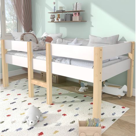 Lit enfant mi-hauteur en bois blanc 90 x 190 cm avec barrière antichute, échelle et sommier à lattes, espace de rangement pratique sous le lit – de FLORAGRACE (1/5)