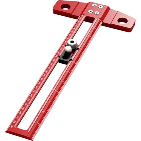 Righello per la lavorazione del legno: righello a forma di T con graduazioni corrispondenti, blocchi di limitazione scorrevoli e guide di posizionamento, utilizzato per forare e marcare. (1/5)
