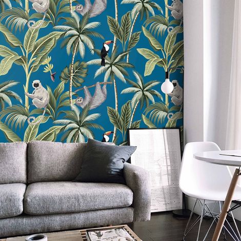 Carta da Parati Jungla Tropicale Blu in Fogli di Carta, 250x200cm (1/5)
