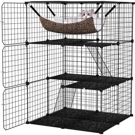 Cage pour chat d'intérieur noire 3 étages en métal et panneaux PP avec échelle et hamac pour salon et appartement (1/5)