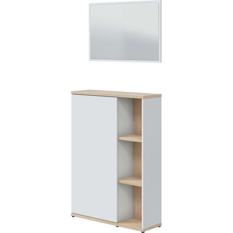 Mueble Recibidor Consola Auxiliar con Espejo Adhara en Blanco Artik y Roble Canadian 77x106x24 cm (1/5)