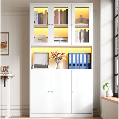 Bibliothèque en MDF blanc 100 x 35 x 200 cm avec vitrine en verre, niche ouverte passe-câbles et 3 portes (1/5)