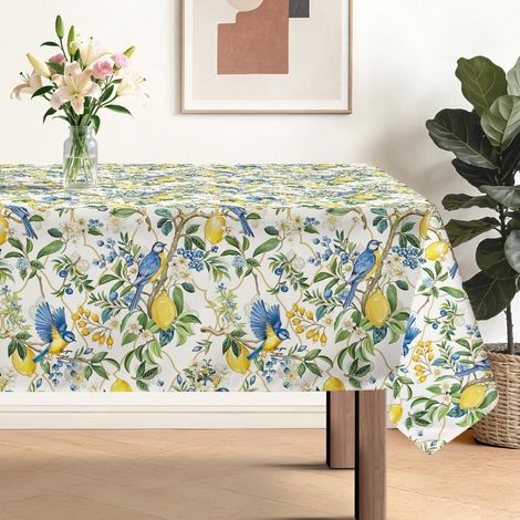 Nappe été citrons oiseaux fleurs 140x100cm bleu rectangulaire facile d'entretien