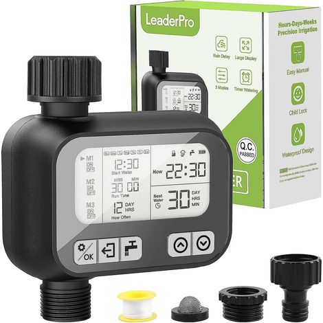 Programmateur d'arrosage automatique pour jardin avec 3 programmes flexibles, conception étanche et anti-fuite, commande manuelle et sécurité enfant, noir. (1/5)