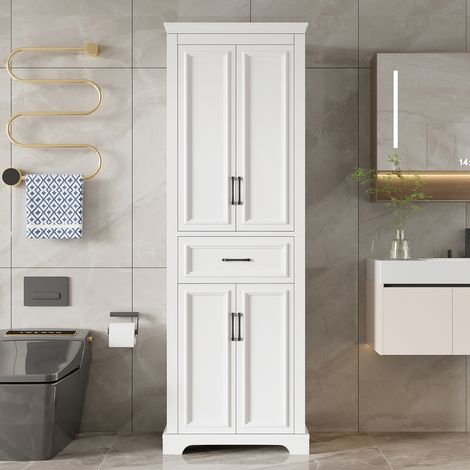 Mobile bagno alto minimalista in MDF laccato bianco, 60x40x180 cm, 2 ante doppie e 1 cassetto, ripiani regolabili