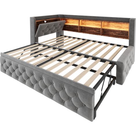 Sofá cama abatible 90x190 cm de terciopelo gris con almacenaje, LED y USB-C (1/5)