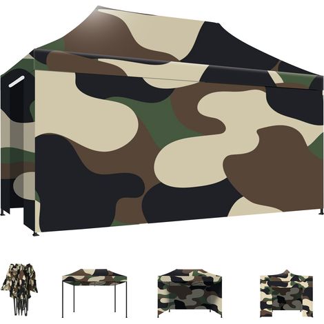 Taman - Carpa / Gazebo de jardín 3x4,5 m impermeable plegable para ferias y mercados con paredes laterales, color camuflaje (1/5)