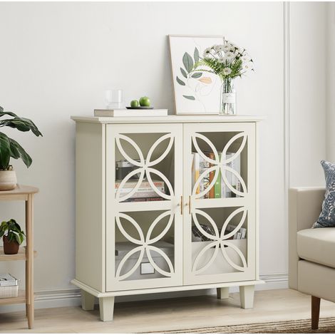Buffet crème en MDF et panneaux de particules avec portes en verre trempé et rangement (1/5)
