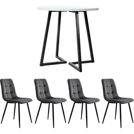 Conjunto comedor 5 piezas con mesa redonda Ø 80 cm, MDF efecto mármol y 4 sillas de terciopelo (1/5)