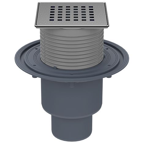 Siphon de sol DN50/75/110, cadre/support de grille en acier inoxydable "Quadra" 121x121/115x115mm, siphon amovible, système