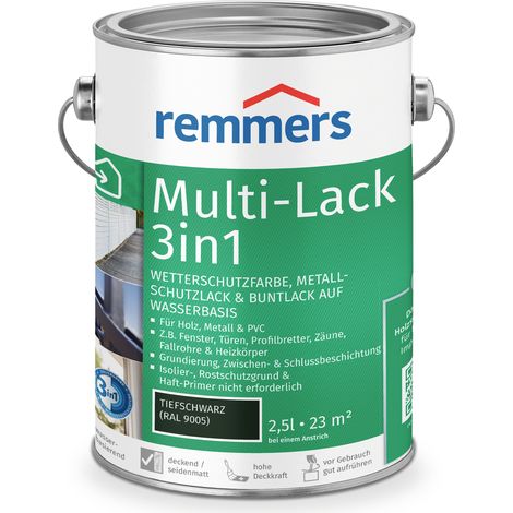 Remmers Multi-Lack 3in1 tiefschwarz (RAL 9005), 2,5 Liter, Wetterschutzfarbe, Metallschutzlack & Buntlack auf Wasserbasis für Holz, Metall & PVC