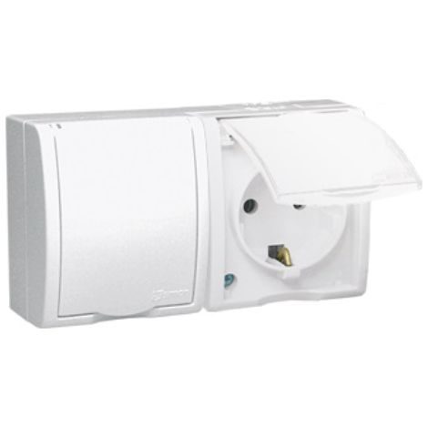 Simon Aquarius Doppelsteckdose mit/ohne Schuko-Sockel, spritzwassergeschützt IP54, weiß AQGSZ1-2/11