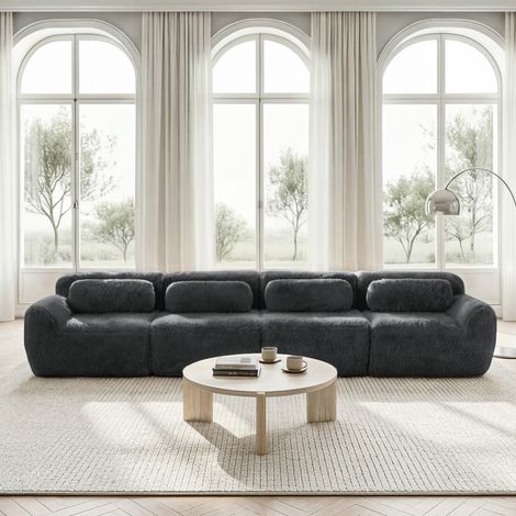 Canapé droit 4 places 378cm – Design modulaire – Tissu peluche premium Gris– Confort hautement élastique – Pas de Montage nécessaire (1/5)
