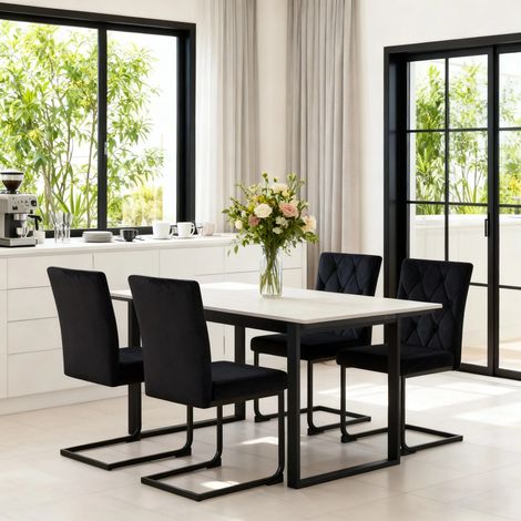 AINPECCA Dining Chairs Metal Legs 8.5cm Thick Seat Padded Home Office 4pcs Black Velvet (1/5)