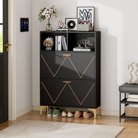 Mueble para zapatos con dos puertas de armario abatibles, cuatro compartimentos de almacenaje para zapatos y dos estantes semiabiertos (1/5)