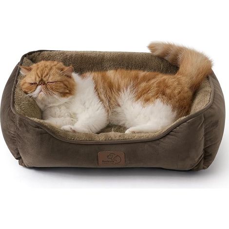 Panier Chat Lavable Intérieur - 51x41 cm Lit Rectangulaire Lavable pour Petits Chiens et Animaux Domestiques avec Fond Anti-Dérapant pour Chatons et Chiots, Brun (1/5)