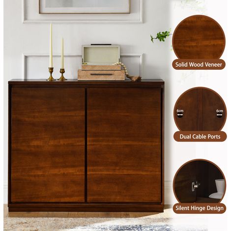 Buffet en MDF couleur noyer avec 2 ouvertures pour prises, rangement multifonction pour entrée, salon, cuisine, 99×23,5×82,3 cm (1/5)