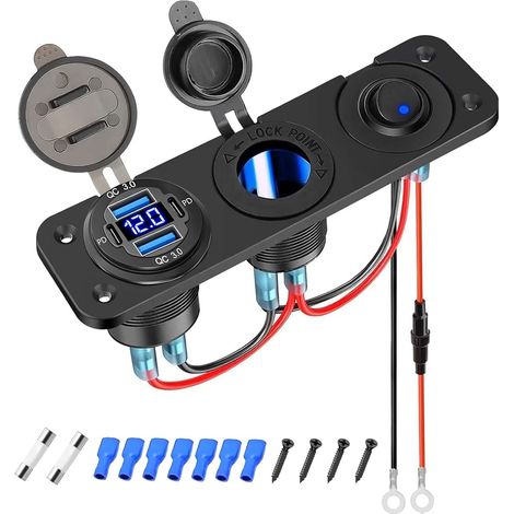 Panneau Prise de Chargeur USB C Voiture 12V Allume Cigare Voiture avec Interrupteur à Bascule et Voltmètre à LED pour Bateau SUV Camion Caravane Marine (1/4)