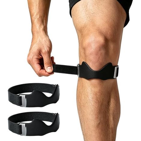 Genouillère noire de soutien rotulien avec coussin d'air en silicone 3D, sangle antidérapante réglable pour le tendon rotulien, idéale pour la course à pied, le basketball et le fitness - Lot de 2 (1/2)