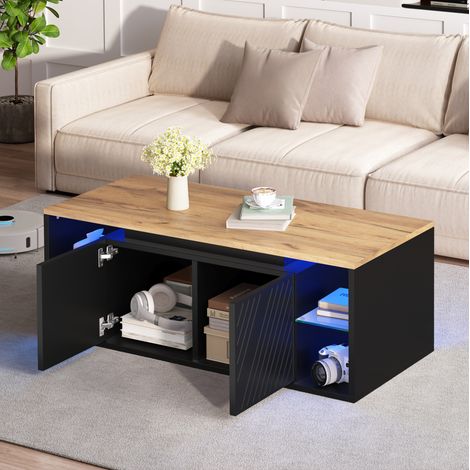 Table basse LED 100x50x41 cm avec 2 portes et rangement semi-ouvert, panneau de particules noir (1/5)