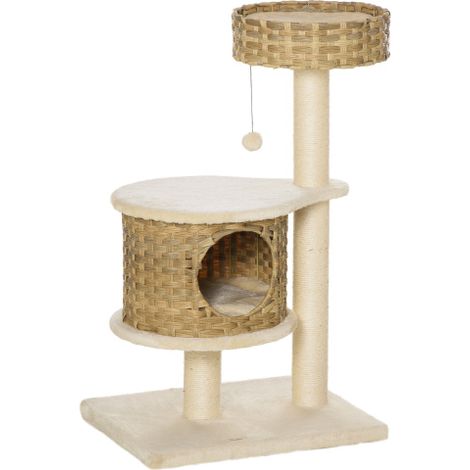 Tiragraffi in rattan con cuccia e pallina giocattolo, adatto a gatti di piccola taglia, colore beige naturale, spedito direttamente dal negozio. (1/5)