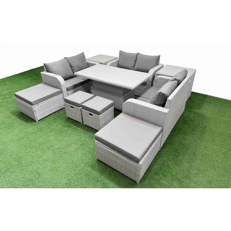 Fimous 10 PCs Rising Dining Table Set Inclining Love Sofa Seat 2 Big Footstool 2 Small Stool 2 Side Table Light Grey (1/5)