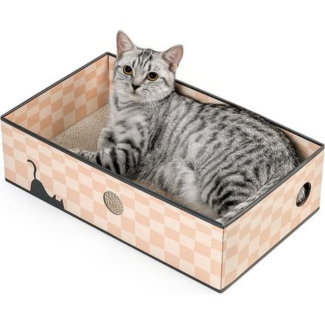 Griffoir pour chat en carton avec boîte de rangement, lit à gratter multifonctionnel avec trous interactifs, surface à griffer durable et écologique