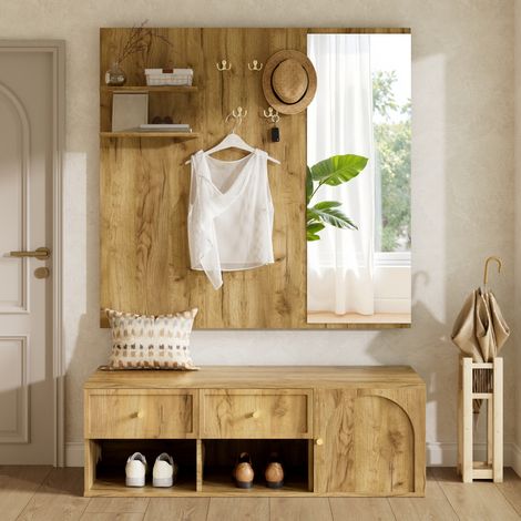 Mobliva Ensemble de rangement pour entrée, armoire murale avec tiroir, compartiment de rangement et étagère flottante, panneau porte-manteau avec 5 crochets, comprenant un miroir et un banc à chaussur (1/5)
