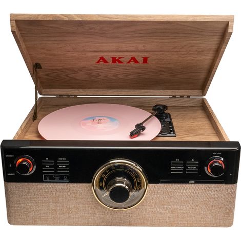Giradischi Akai ATT-300CC 2×9 W RMS Bluetooth 5.0 CD Cassette FM USB Legno (1/4)