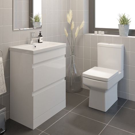 600mm Modern Bathroom Vanity Basin Soft Close Drawer Unit Toilet Gloss White (1/5)