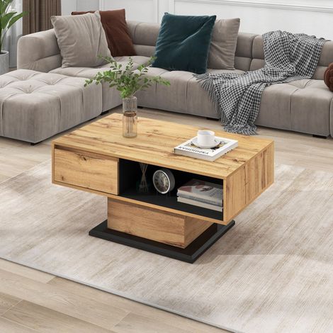 Couchtisch aus Holzmaserung, mit Eine grifflose Schublade, ein Staufach und Heckstaufach,doppelseitiger Stauraum. Büro, Wohnzimmer-Sofatisch, großer Stauraum. (1/5)