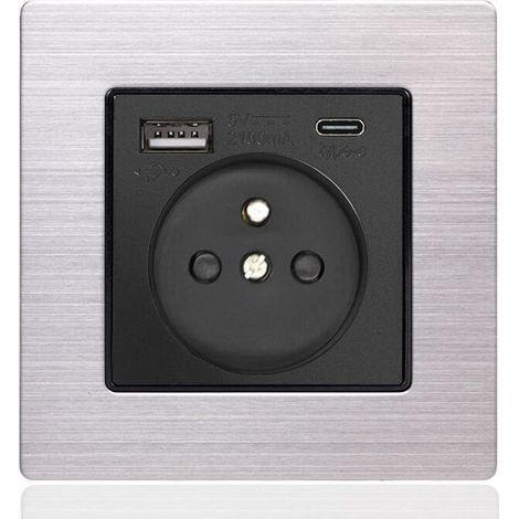 Panneau de prises françaises Type-c+USB16A Type 86, nombre de prises : 2 trous, nombre de ports USB : 1, nombre de ports type-c : 1, sûr et ferme(acier inoxydable à angle droit, noir) (1/5)
