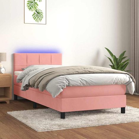 Cama box spring colchón y LED terciopelo rosa 80x200 cm (1/4)