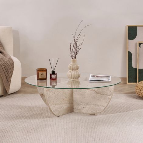 Couchtisch rundes gehärtetes Glas – Travertin-Melamin – 90 cm –