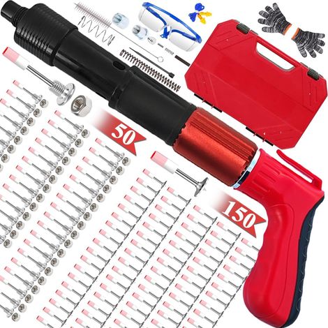 Clavadora con 200 clavos redondos, clavadora para hormigón (+200 clavos)  Mini clavadora manual portátil de acero, 5 velocidades, clavadora de acero para hormigón, anclajes de techo y pared (1/5)