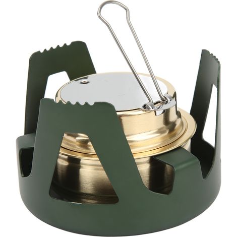 Mini réchaud à alcool portable pour cuisine de pique-nique en plein air, idéal pour le camping, la randonnée et le trekking. Noir et vert. (1/5)