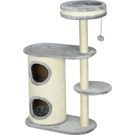 Kratzbaum katze mit 2 Katzenhöhle, Sisal-Seilpfosten, mehrere Plattformen, Weicher Plüsch, Ballspielzeug, Grau, 59 x 35 x 100 cm