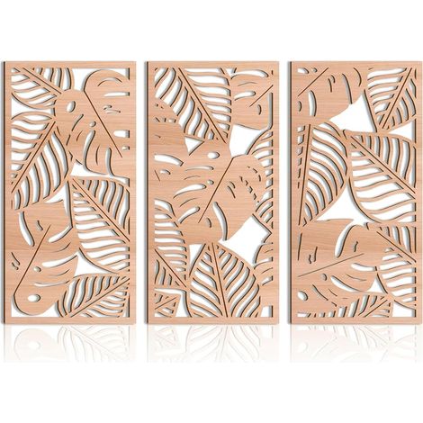 3 Pièces Sculpture Murale en Bois Naturel - Décor Mural Tropical Feuille de Monstera Style Boho Chic - Art Mural Moderne (1/5)