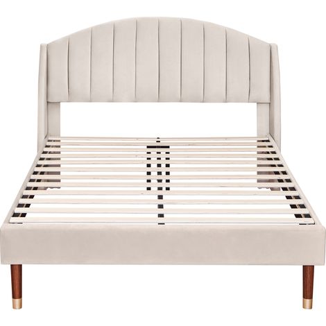 CAIziLit rembourré 140x200 cm sommier lattes, tête de lit, velours beige (1/5)