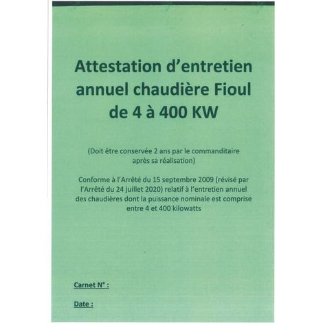 Carnet d'entretien pour chaudière à fioul