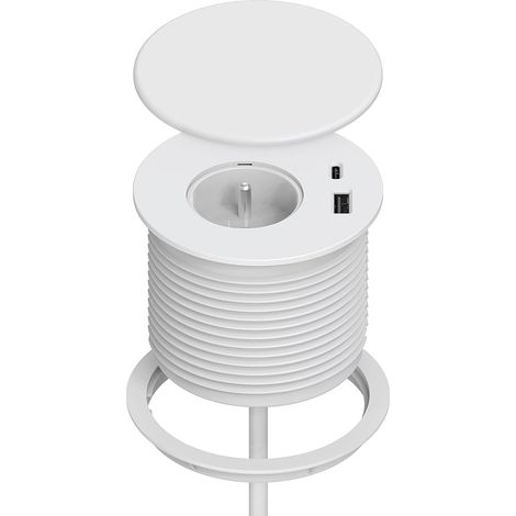 Bloc Prise Encastrable, Multiprise Encastrable avec 1 Prise, 1 Port USB C, 1 Port USB A, 80 mm de Diamètre, 1,5M de Câble, Prise Bureau pour la Cuisine, Le Bureau, Les Meubles, Blanc (1/5)