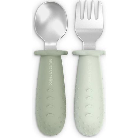 Ensemble de couverts pour bébé Cuillère et fourchette Acier inoxydable et silicone Ergonomique, Divergence menée par l'enfant (DME) Vert (1/4)