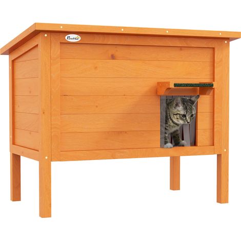 Wetterfestes Katzenhaus für den Außenbereich mit Fenster und Eingang, Maße 85x50x68,5 cm, Farbe orange und grün.