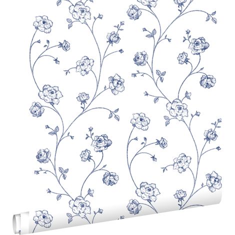 papier peint roses en Toile de Jouy blanc et bleu - ESTAhome (1/5)