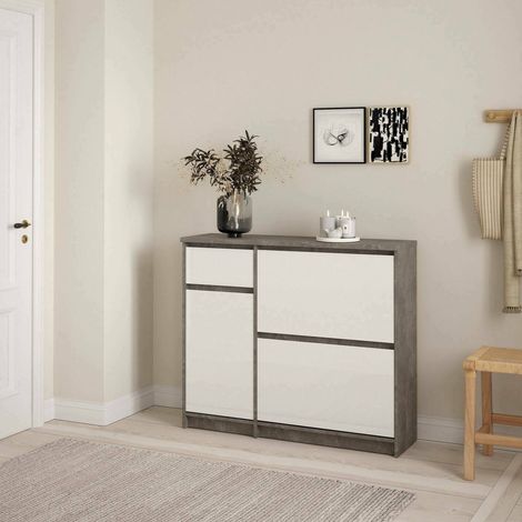 Dmora - Scarpiera Todd, Mobile portascarpe, Armadio da ingresso multiuso, Mobiletto per calzature, 109x32 h93 cm, Cemento e Bianco lucido (1/5)