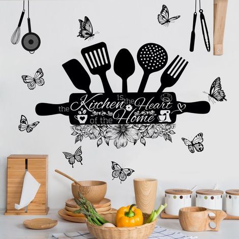 Stickers muraux cuisine citation "CŒUR de la MAISON" noir (54x37 cm) I Autocollant mural cuisine fleurs papillons ustensiles café plaque I Déco murale salle à manger armoire frigo (1/4)