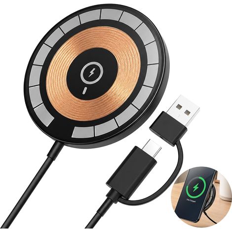 Chargeur magnétique sans fil noir compatible avec les ports USB-C et USB-A (1/5)