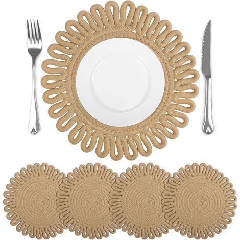 Lot de 4 sets de table ronds tressés marron, antidérapants, lavables et résistants à la chaleur, 30x30 cm. (1/5)