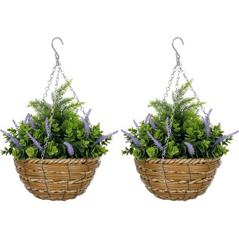 Set of Two Purple Artificial Hanging Lavender Flower Pots for Home Decor and Garden Decoration